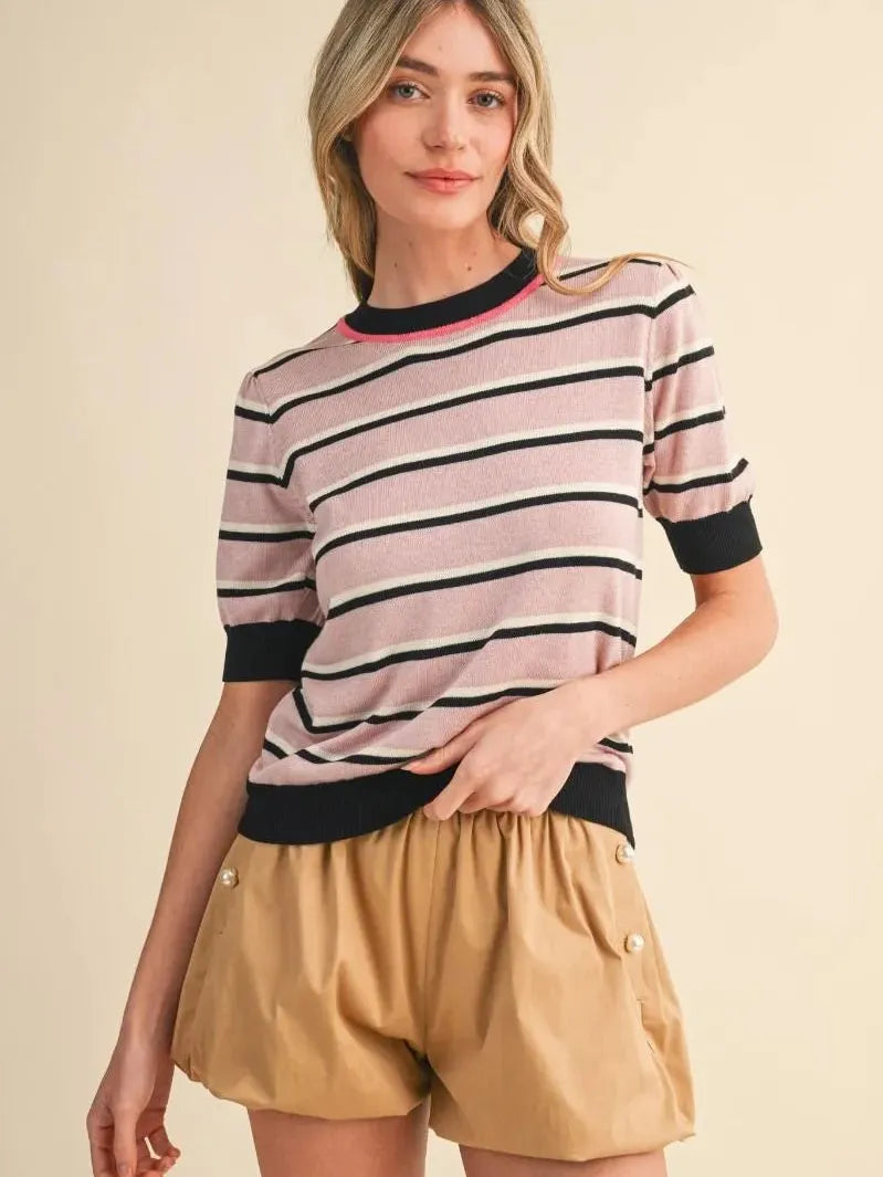 Stripe It Up Pink & Black Short Sleeve Knit Sweater Top-Women's Shirts & Tops-Shop Z & Joxa