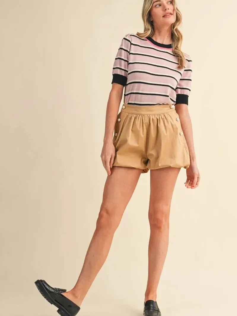 Stripe It Up Pink & Black Short Sleeve Knit Sweater Top-Women's Shirts & Tops-Shop Z & Joxa