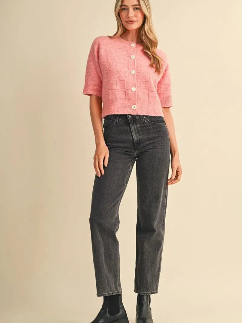 Sweet on You Pink Basket Weave Short Sleeve Cardigan-Women's Shirts & Tops-Shop Z & Joxa