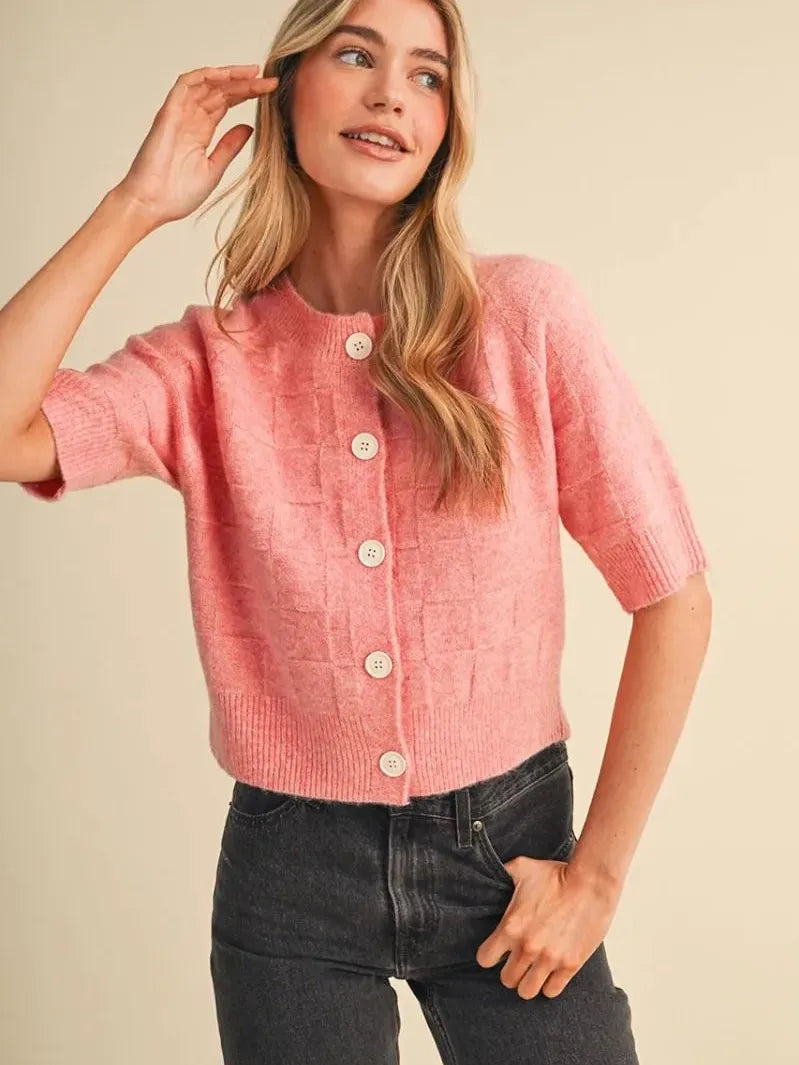 Sweet on You Pink Basket Weave Short Sleeve Cardigan-Women's Shirts & Tops-Shop Z & Joxa