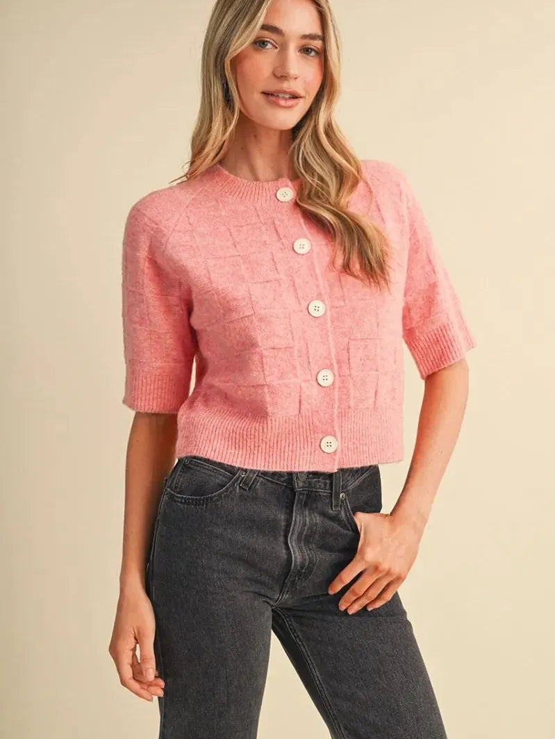 Sweet on You Pink Basket Weave Short Sleeve Cardigan-Women's Shirts & Tops-Shop Z & Joxa