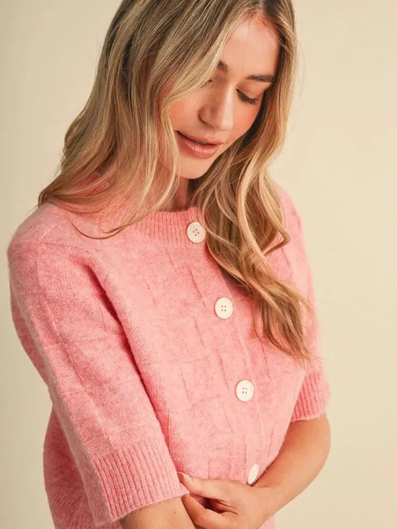 Sweet on You Pink Basket Weave Short Sleeve Cardigan-Women's Shirts & Tops-Shop Z & Joxa