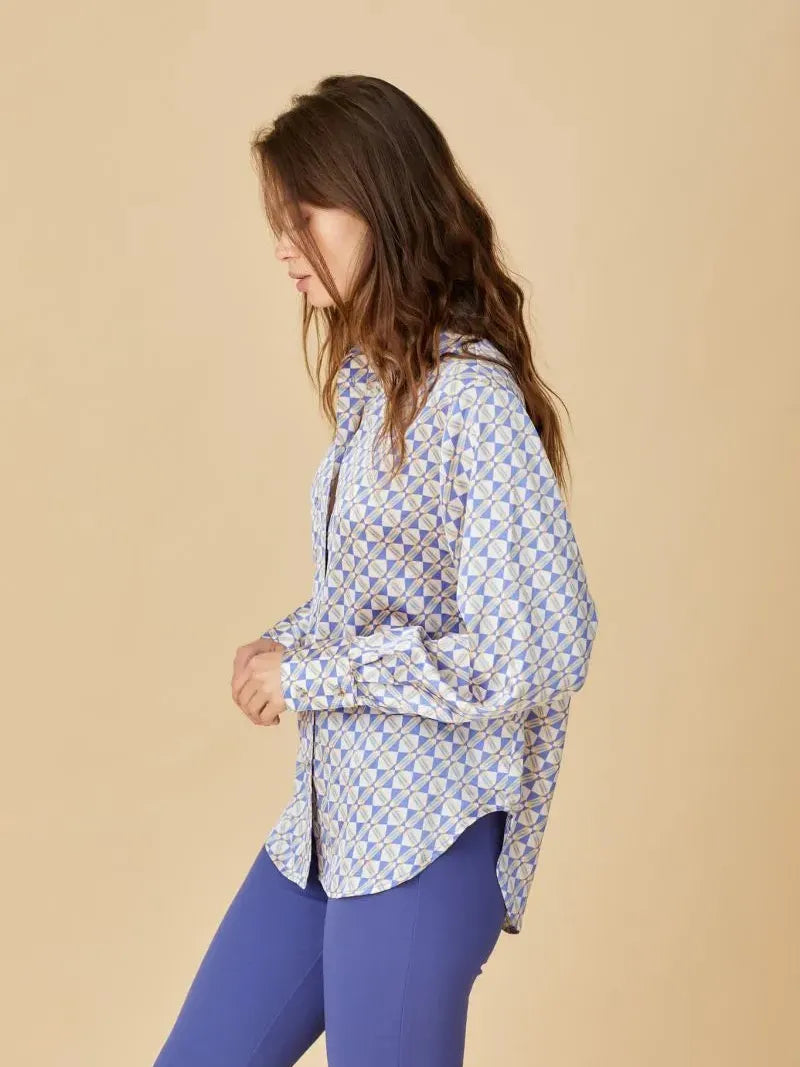Blue Theory Palace Blue Geometric Print Button Down Top-Women's Shirts & Tops-Shop Z & Joxa
