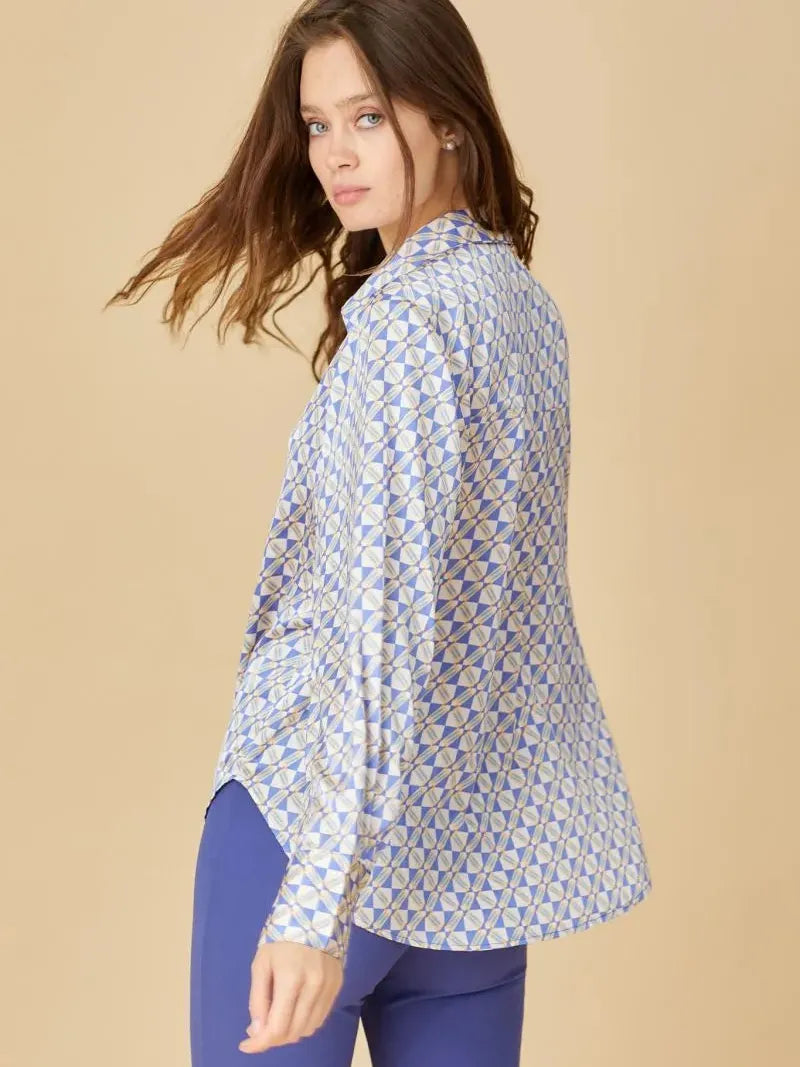 Blue Theory Palace Blue Geometric Print Button Down Top-Women's Shirts & Tops-Shop Z & Joxa