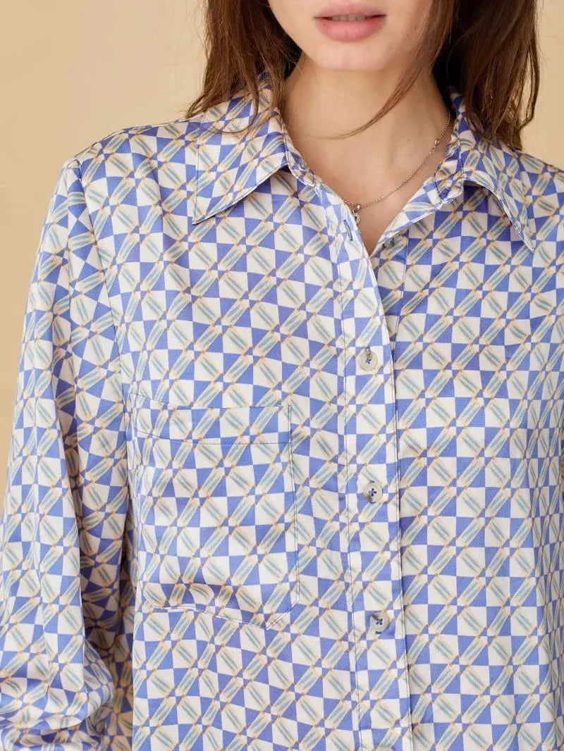 Blue Theory Palace Blue Geometric Print Button Down Top-Women's Shirts & Tops-Shop Z & Joxa