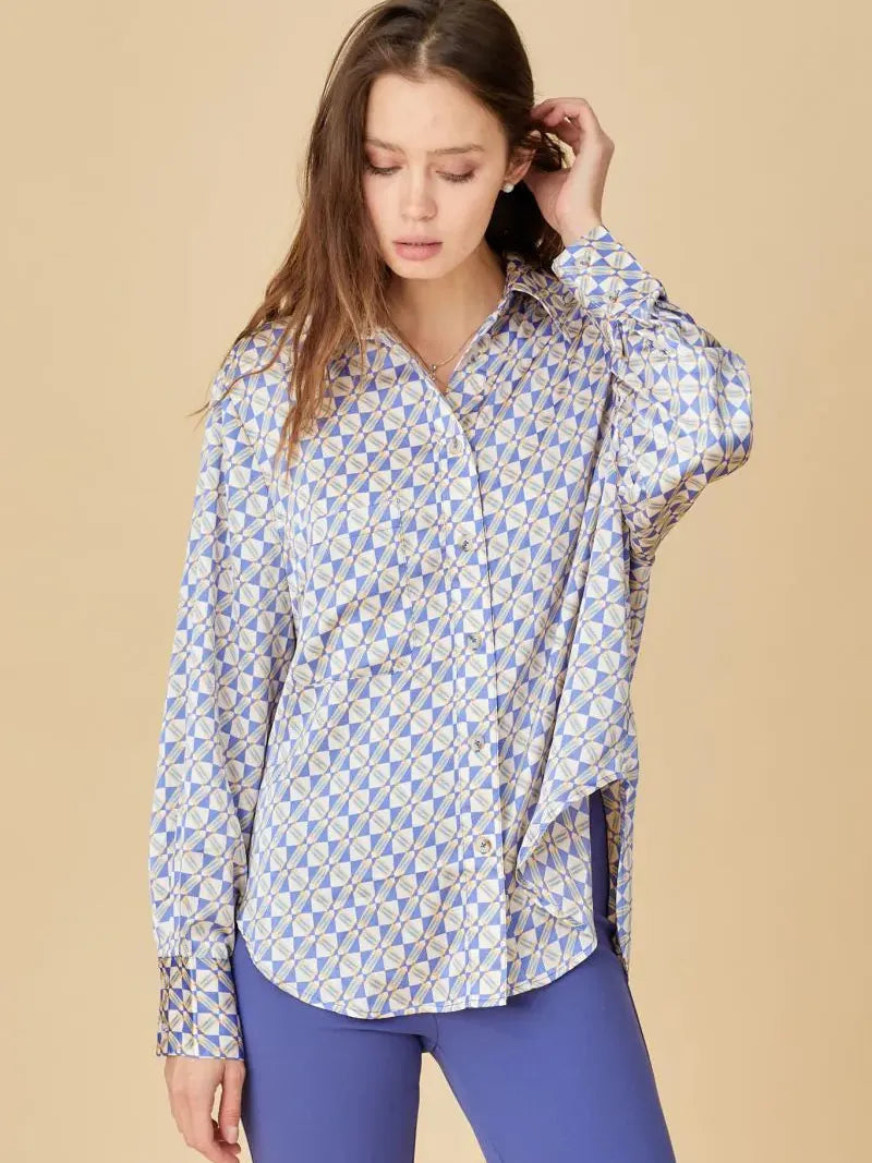 Blue Theory Palace Blue Geometric Print Button Down Top-Women's Shirts & Tops-Shop Z & Joxa