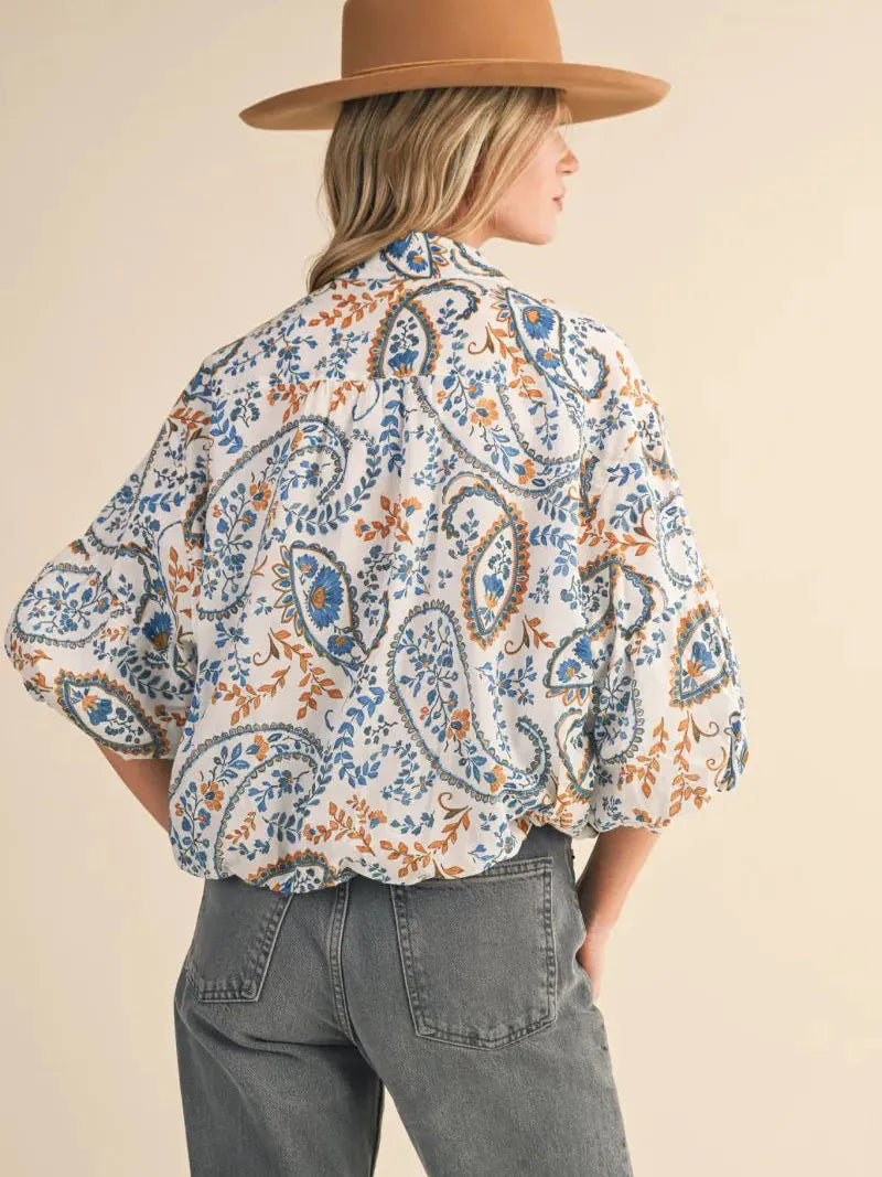 Paisley Daydream Teal Blue Paisley Bubble Sleeve Button Down Top-Women's Shirts & Tops-Shop Z & Joxa