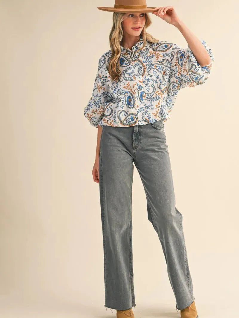 Paisley Daydream Teal Blue Paisley Bubble Sleeve Button Down Top-Women's Shirts & Tops-Shop Z & Joxa