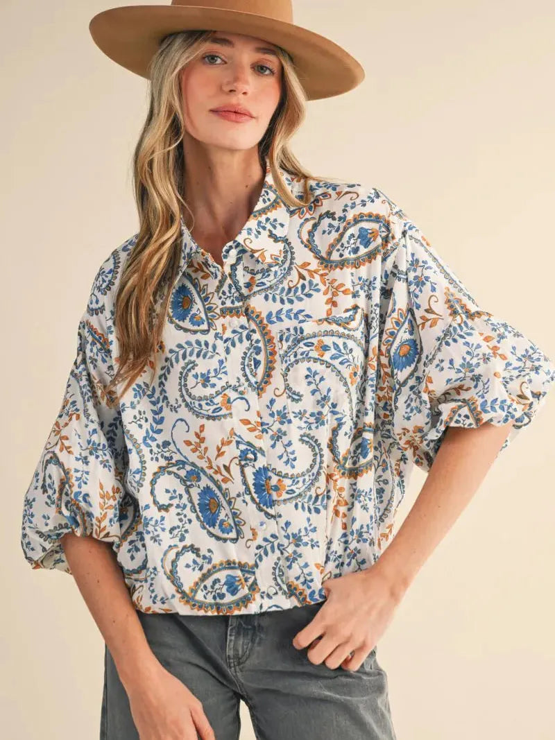 Paisley Daydream Teal Blue Paisley Bubble Sleeve Button Down Top-Women's Shirts & Tops-Shop Z & Joxa