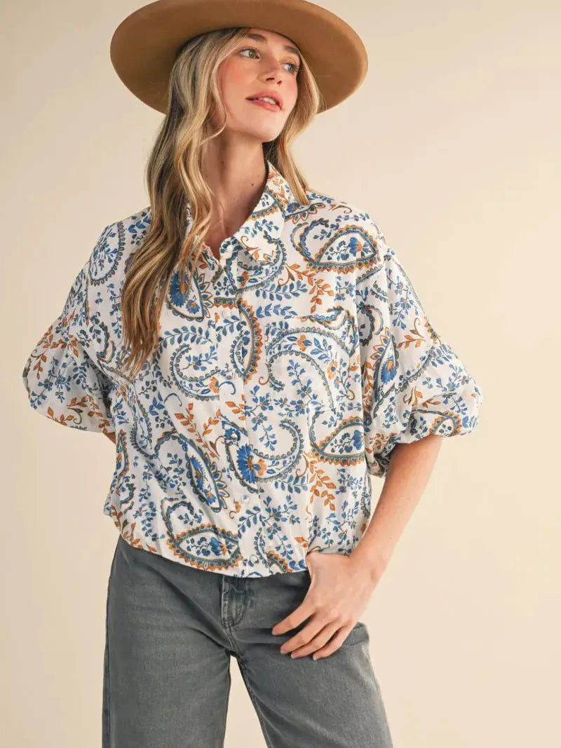 Paisley Daydream Teal Blue Paisley Bubble Sleeve Button Down Top-Women's Shirts & Tops-Shop Z & Joxa