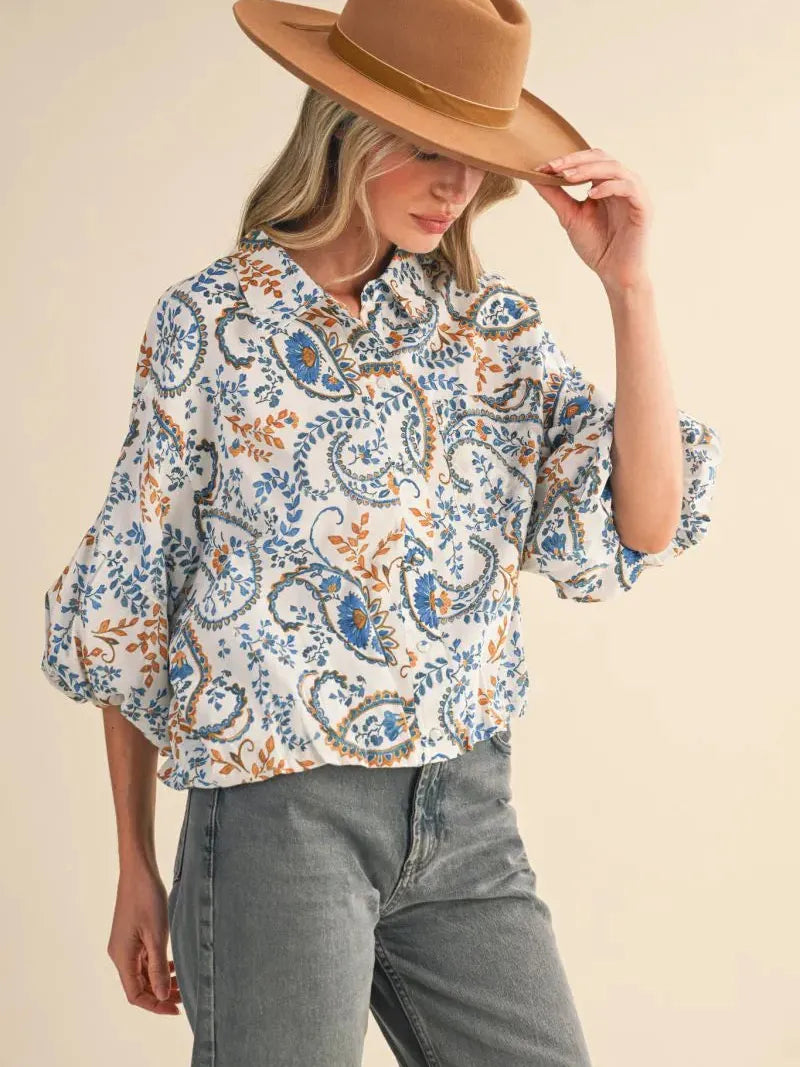 Paisley Daydream Teal Blue Paisley Bubble Sleeve Button Down Top-Women's Shirts & Tops-Shop Z & Joxa